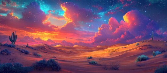 Dramatic and surreal sunset landscape in a remote arid desert setting with towering vivid storm clouds and silhouetted cacti against a vibrant colorful sky  The scene conveys a sense of mystery power