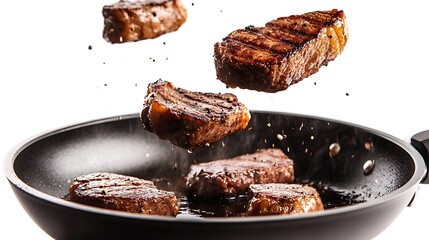 Hot roasted steaks falling into a frying pan sizzling with aroma on white background