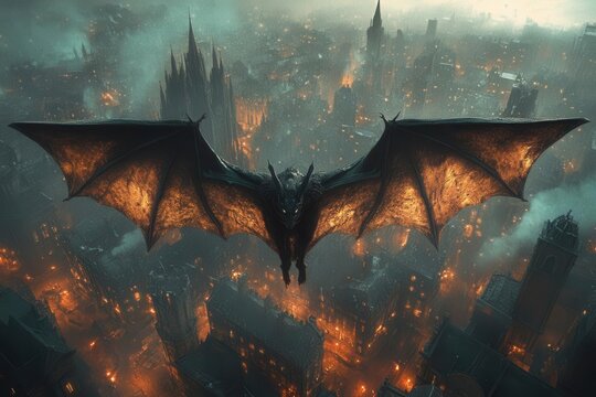 mythical creature in bat form gliding above a shadowy gothic city at twilight its expansive wings casting sinister silhouettes against ancient cobblestone streets