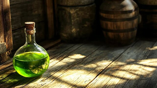Unique green potion displayed on a rustic wooden table in a dimly lit room filled with wooden barrels