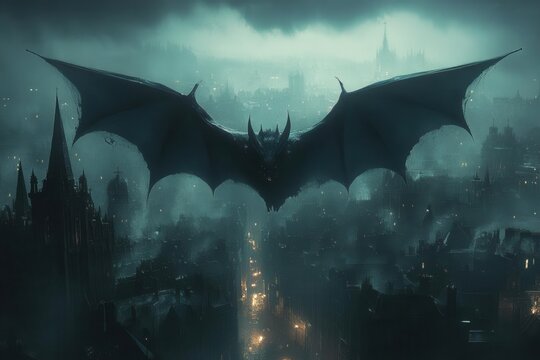 mythical creature in bat form gliding above a shadowy gothic city at twilight its expansive wings casting sinister silhouettes against ancient cobblestone streets