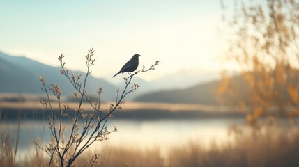 Obraz premium Silhouette of a bird perched on a branch at sunrise overlooking a calm lake and mountains.