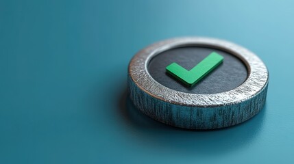 Green Check Mark on Metallic Circular Emblem