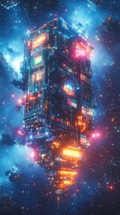 Naklejka premium Breathtaking of a futuristic cyberpunk inspired city skyline with towering high rise buildings and skyscrapers illuminated by vibrant neon lights set against a cosmic galactic backdrop of a glowing