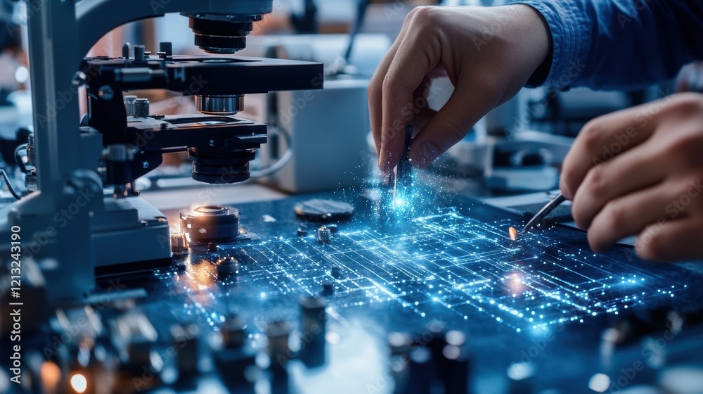 Poster electronic engineer using a microscope and working with tweezers on a circuit board, analyzing a hol