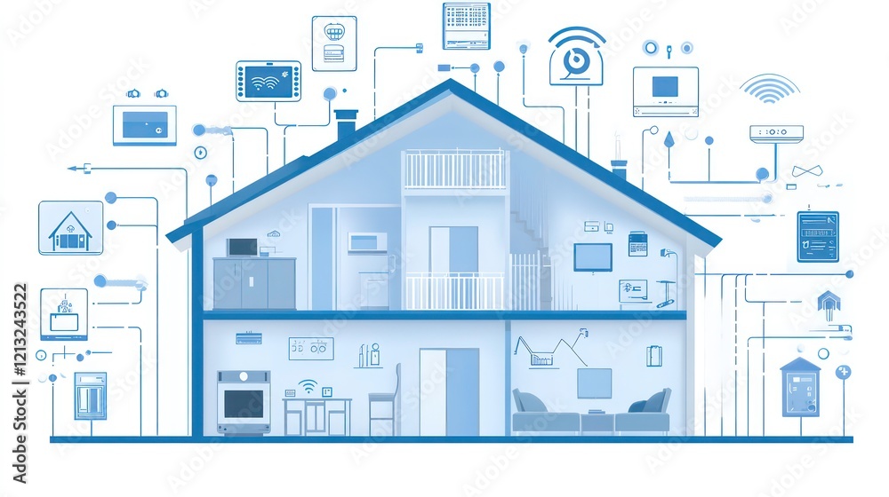 Poster smart home technology illustration showing interconnected devices within a house.