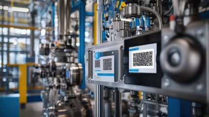 Qr codes are displayed on a control panel in an industrial factory setting, signifying the integration of digital technology for automation and process management