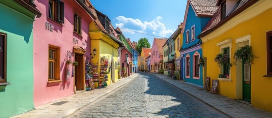Naklejka premium Vibrant and Picturesque Historic Medieval Town with Charming Cobblestone Streets Traditional Colorful Architecture Boutique Shops Cafes and Floral Decor A Captivating Tourism Destination