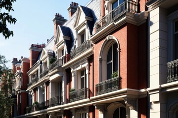 Fototapeta premium Elegant architecture showcases brick facades and decorative balconies in a historic urban neighborhood during a sunny afternoon