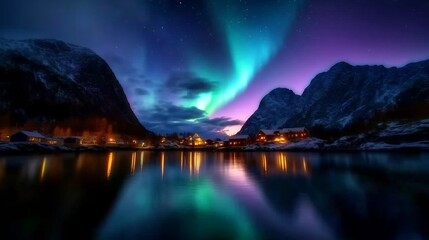 Aurora Borealis over a serene village nestled between majestic mountains, reflecting in a calm lake under a starlit sky.