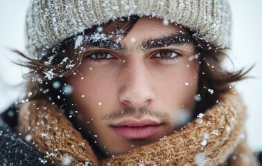 Close-up of a man with knitwear in snowy winter setting