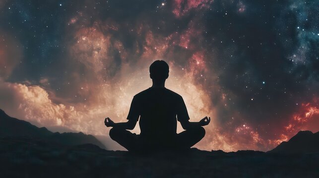 Silhouetted man meditating against a vibrant nebula backdrop.