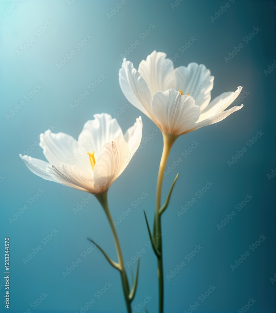 Poster two beautiful white flowers bloom against teal background. delicate petals, stems create stunning fl