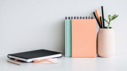 Colorful stationery arrangement on a minimalist desk with plants and writing tools