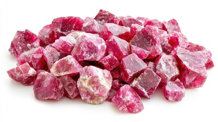 Obraz premium Pile of rough pink ruby crystals and raw mineral specimens isolated on a clean white background.