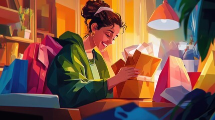 Woman unpacking online shopping delivery at home