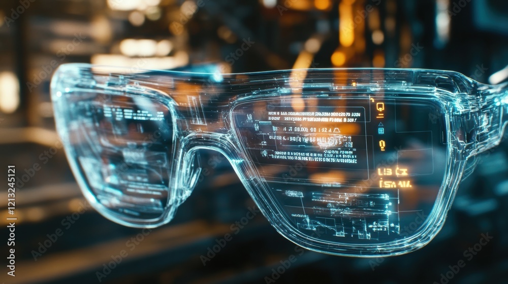 Poster futuristic transparent glasses displaying augmented reality data and information, seamlessly merging