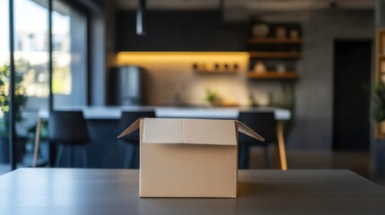 Open cardboard box on modern kitchen table.