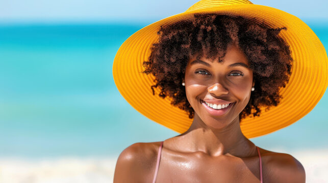 A joyful young woman with an afro smiles brightly by the sea, capturing the essence of a perfect summer beach day.