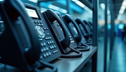 Modern office communication system with many phones. Dedicated internal phone system. Business tech equipment. Advanced telephony infrastructure. Network connectivity. Employees use advanced tech for