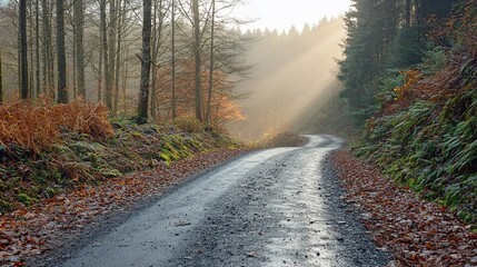 Fototapeta premium Sunbeams illuminate a misty forest road.