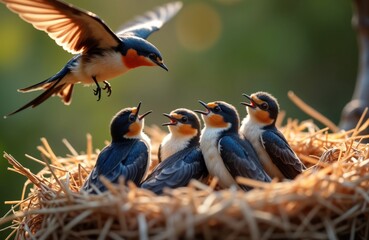 Cute swallow chicks in nest look at mother swallow flying near. Birds small, soft feathers. Nest made of straw, located outdoors. Scene looks like spring summer. Mother swallow providing food. Young