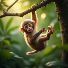 Naklejka premium Adorable Baby Monkey Hanging from a Branch in Lush Green Forest