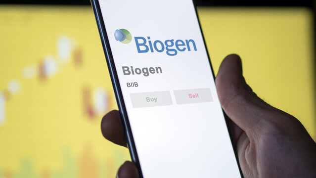 April 09th 2024 , Cambridge, Massachusetts. Close up on logo of Biogen on the screen of an exchange. Biogen price stocks, $BIIB on a device.
