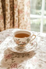 Perfectly brewed English Breakfast tea in a Royal Doulton style teacup, with cream damask tablecloth and vintage rose wallpaper, morning sunlight