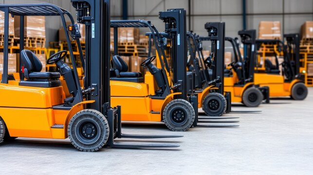 A row of yellow forklifts parked in a spacious warehouse with stacked boxes in the background