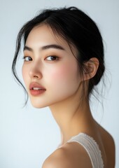 Naklejka premium Young and beautiful model present skin care and beauty cosmetic product