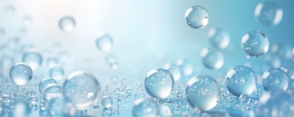 Fototapeta premium Abstract photo of transparent bubbles. Innovative tech treatment for youthful skin. Advanced collagen renewal, skin rejuvenation. Image shows beauty, health care. Focus on bubbles for glow, radiance.