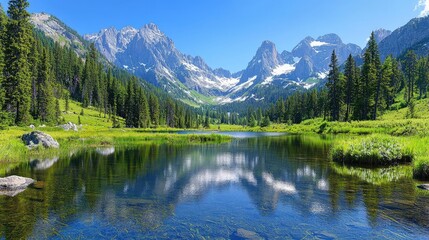 Fototapeta premium Mountain lake reflecting peaks, summer landscape, serene nature scene; travel, tourism