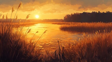 Obraz premium Golden Sunset Over Serene Lake and Reeds