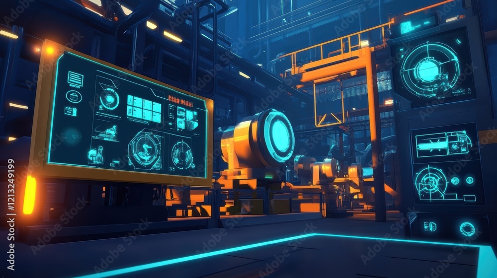 Poster futuristic industrial factory control room with digital screens displaying data and diagrams, monito