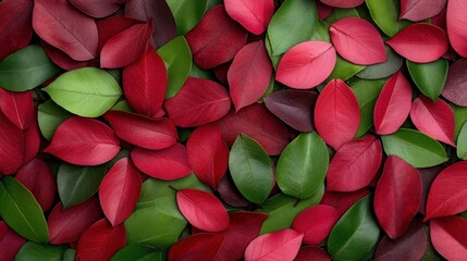 Autumnal Leaf Collection: A vibrant tapestry of red and green leaves, arranged in a captivating pattern, showcasing the beauty of autumn's rich colors.