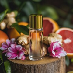 Minimalist perfume bottle with golden lid on a product podium surrounded by natural elements