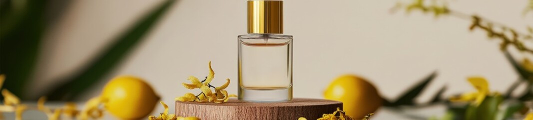 Minimalist perfume bottle with golden lid on a product podium surrounded by natural elements