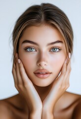 Fototapeta premium Young and beautiful model present skin care and beauty cosmetic product