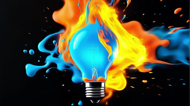 Light bulb warm glow. Blue paint flow motion. Bright lamp crash. Wet ink design. Think change idea. Fresh mind brain power. Hot flame burn Black brush dye splash. New vivid art, Blaze heat fire smoke 