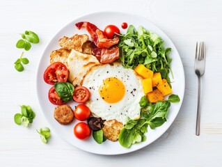 A vibrant low-carb breakfast plate, in a bright dining area, featuring a variety of nutritious