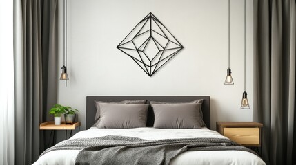 Geometric wall art above gray bedroom bed.