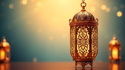 Elegant 3D Ramadan Lantern Design with Intricate Patterns and Copyspace