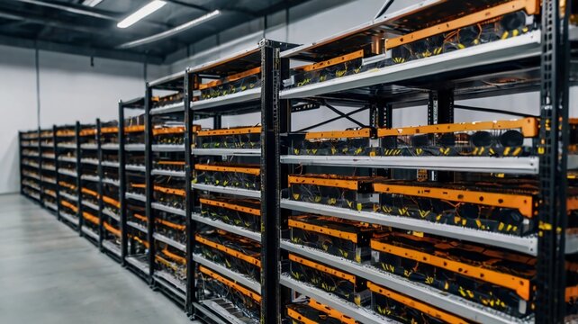 Bitcoin ASIC miners in warehouse. ASIC mining equipment on stand racks for mining cryptocurrency in steel container. Blockchain techology application specific integrated circuit units storage.