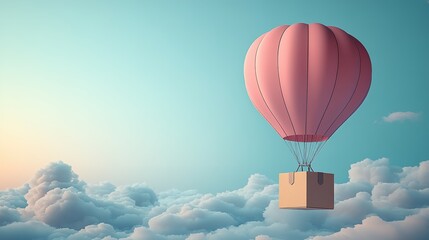 Fototapeta premium Pink Hot Air Balloon Carrying Package Through Clouds