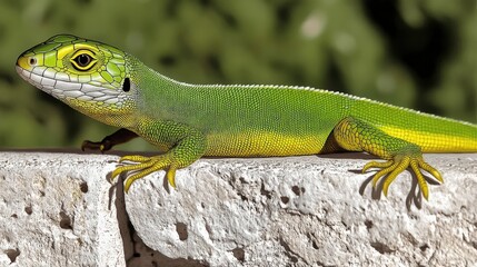Fototapeta premium Vibrant Green Lizard Basking on Sunlit Stone Wall with Natural Background | Close-Up Nature Photography of Reptile Detailing Scales and Texture