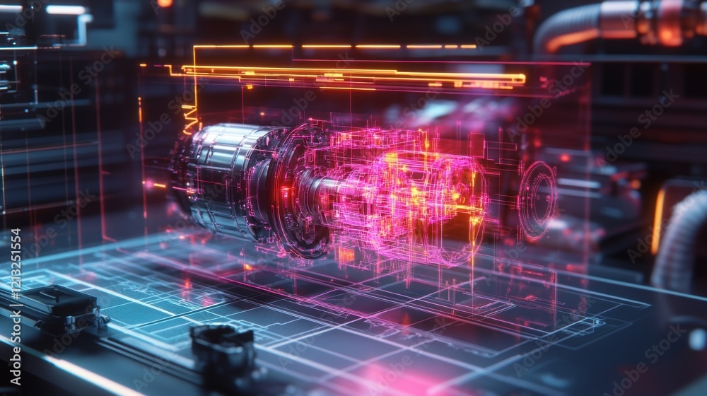 Poster complex engine rotating in augmented reality interface with futuristic holographic display showing t