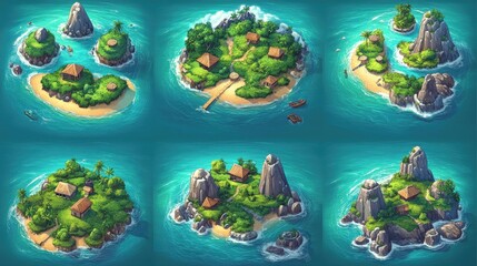 Stunning Illustrated Tropical Islands Collection: Explore Six Unique Imaginary Paradise Landscapes with Lush Vegetation, Sandy Shores, and Crystal Clear Waters