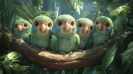 "Adorable Green Parakeets Perched on Jungle Branch in Lush Forest Setting: Vivid Nature Photography Perfect for Birdwatching, Wildlife, and Tropical Decor Enthusiasts"