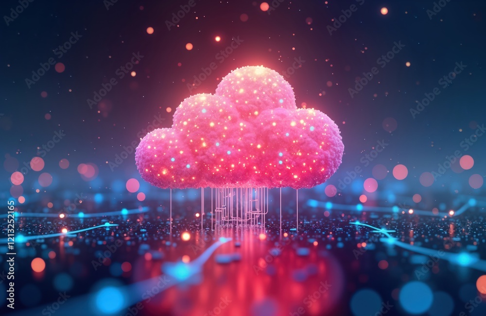 Poster futuristic cloud computing illustration. pink glowing cloud represents digital data storage on moder